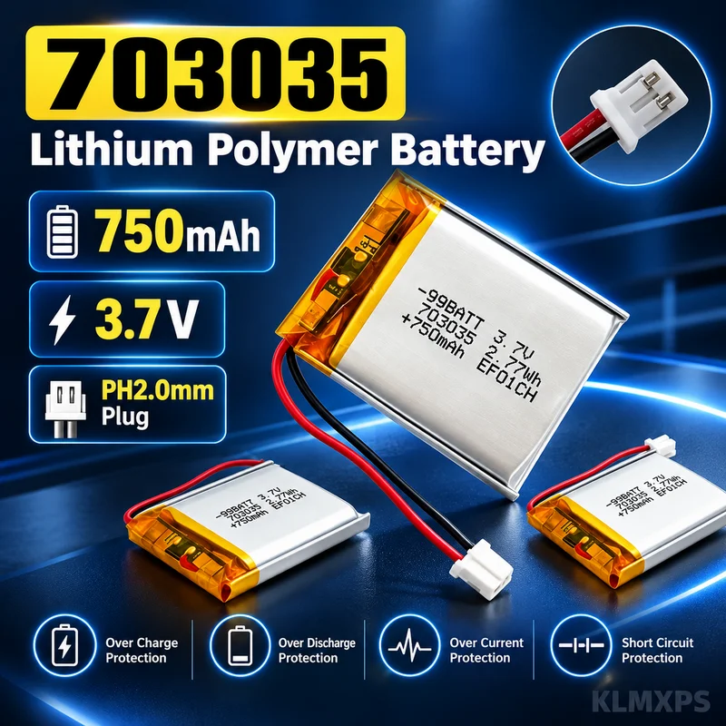 703035 750mAh 3.7V Li-Po Polymer Battery Cell, Rechargeable for Beauty Equipment, GPS Devices, LED Lights and Digital Products