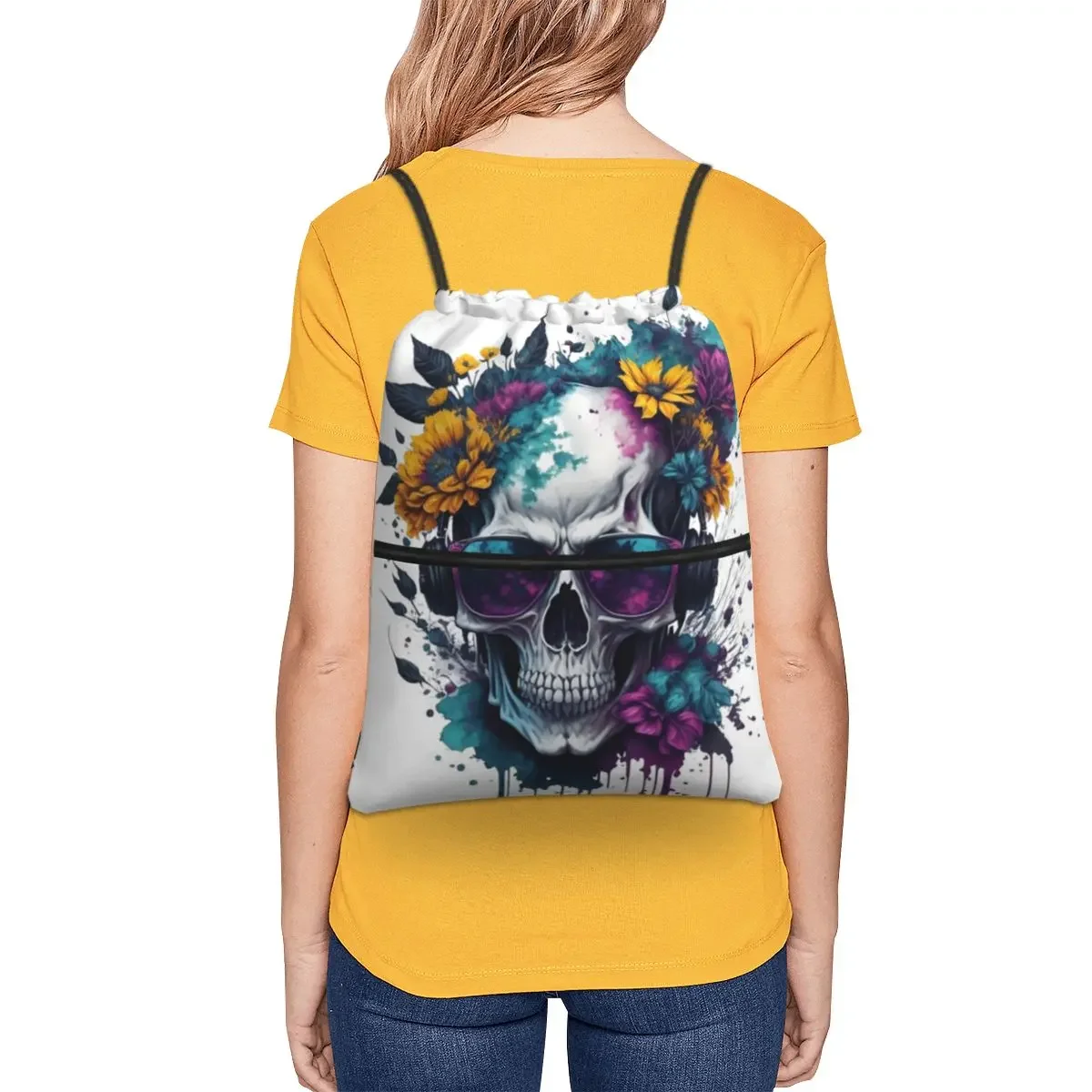 Mochila portátil con calavera de acuarela con flores, bolso con cordón, paquete de bolsillo, bolsas de libros para viajes, hombre y mujer