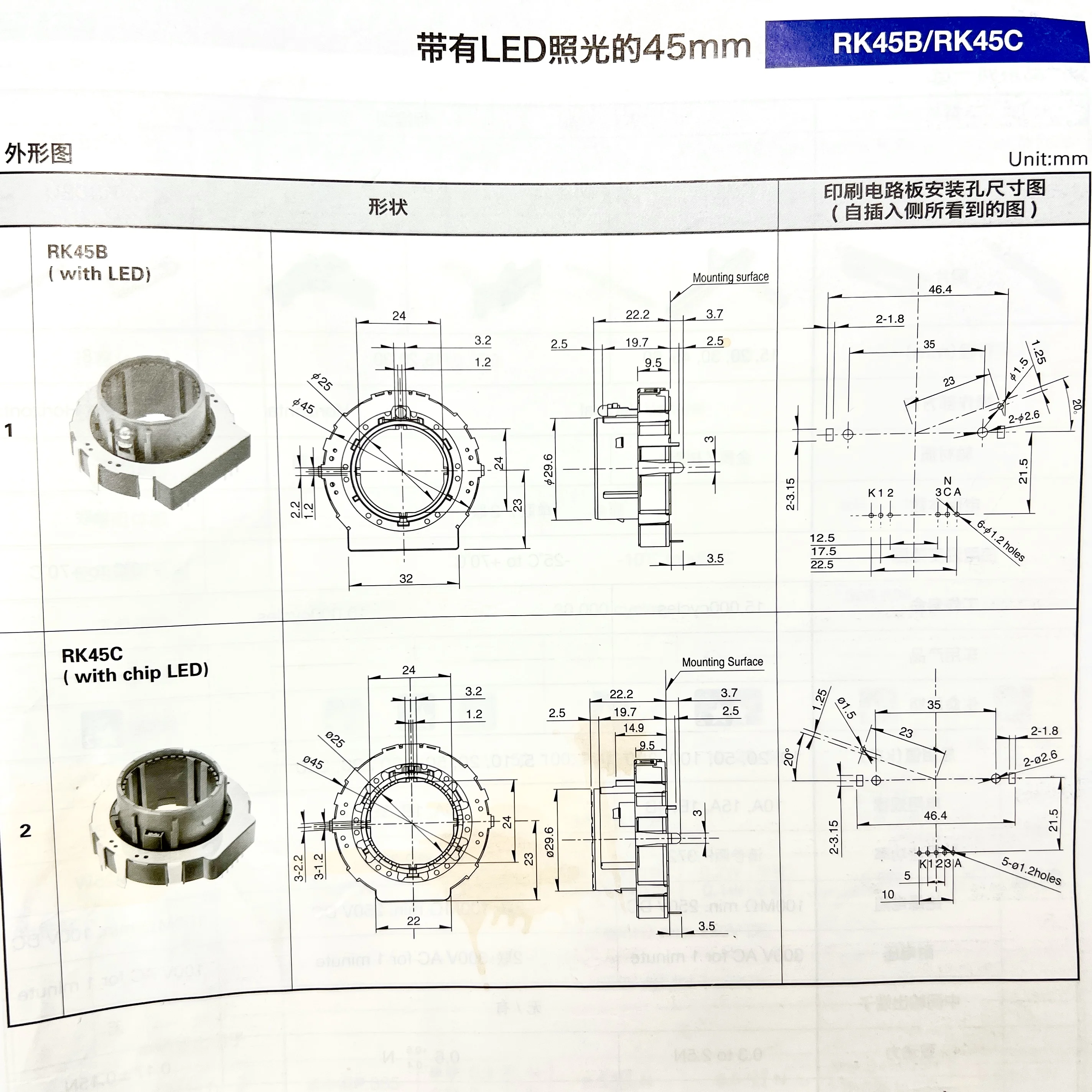 1 PCS Japan RK45C (with chip  LED) rotary hollow Potentiometer total resistance B5K 17 positioning pin 5