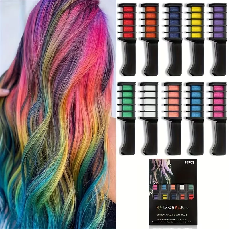 10 Colors Hair Chalk Comb Temporary Washable Hair Dye Disposable Hair Color Crayon for Kids Cosplay Party DIY Hair Styling Tool