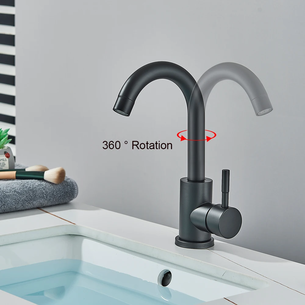 Black Bathroom Basin Faucet 304 Stainless Steel Hot Cold Wash Mixer Crane Tap 360 Rotation Sink Faucets Single Handle Deck Sinks