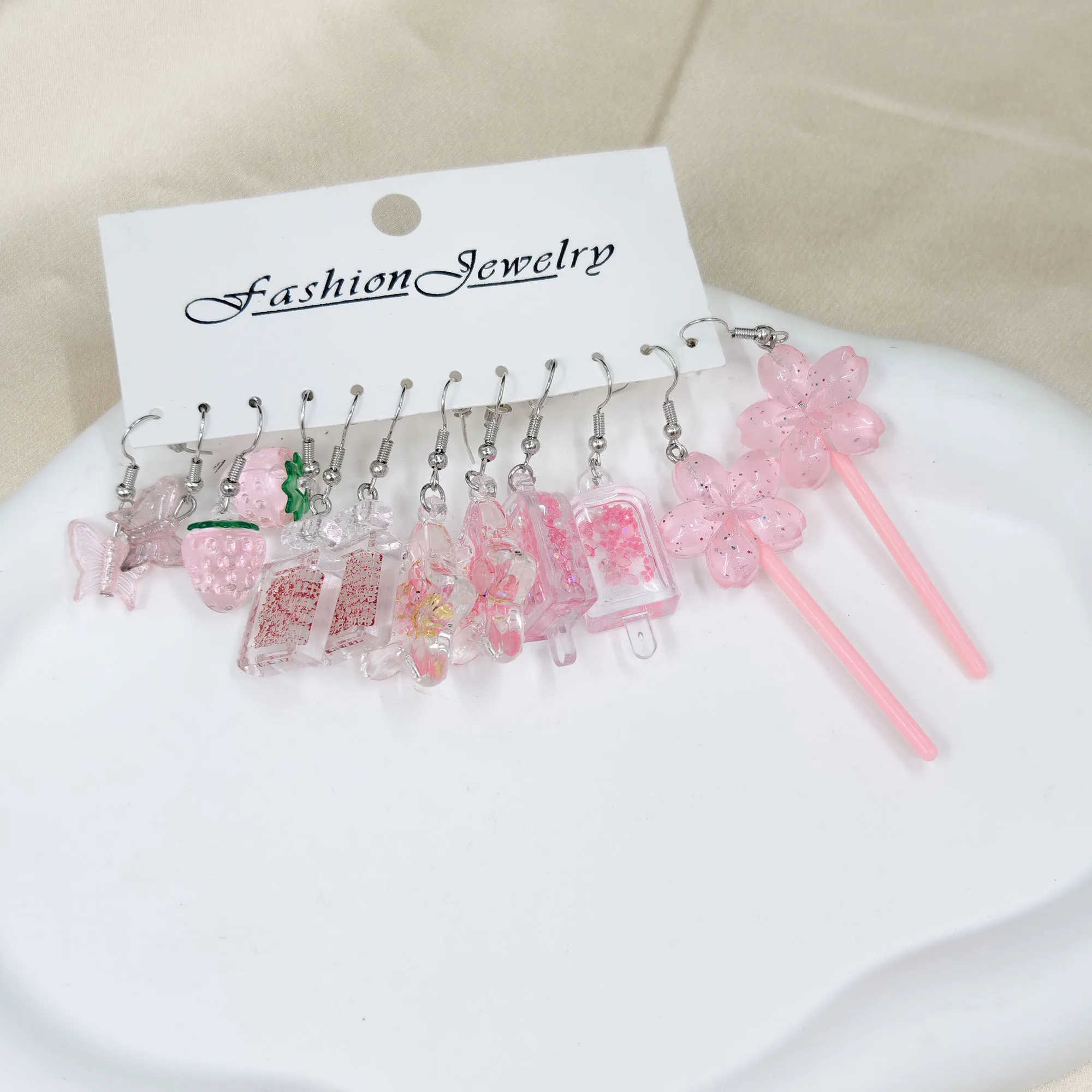 12pcs Strawberry Starfish Ice Bar Earrings, Resin Simulation Flower Candy Earrings Set