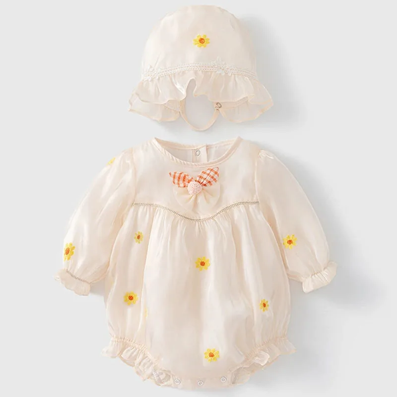 

2Piece Sets Spring Fall Baby Girl Boutique Clothes Korean Cute Flower Mesh Long Sleeve Princess Jumpsuits+Hat Newborn Items B023