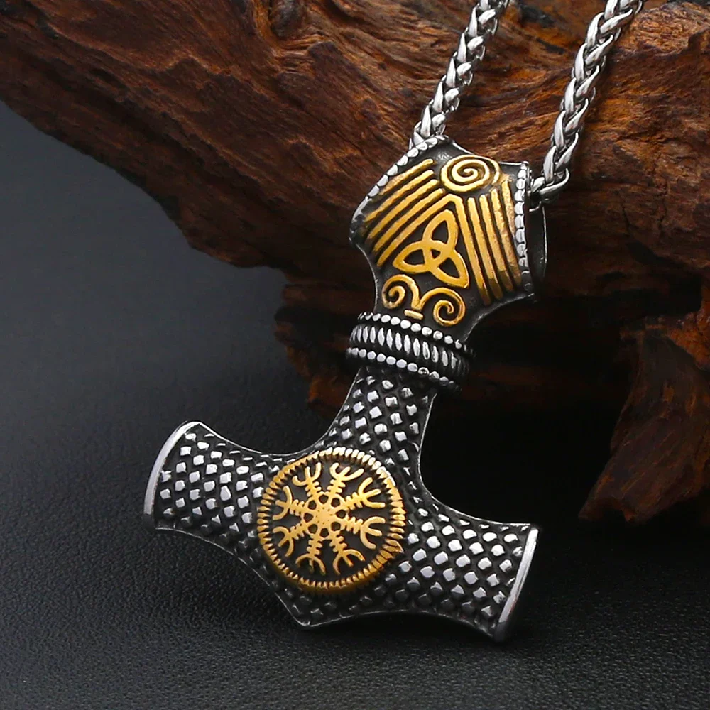 Viking Mjolnir Pendant Necklace Stainless Steel Thor Hammer With Vegvisir Celtic Knot For Men Women Norse Celtic Amulet Jewelry