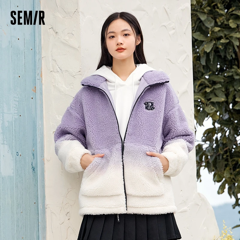 Semir Coat Women Mid-Length Gradient Imitation Lamb Wool Stand Collar Winter Loose Fashion Trendy Coat