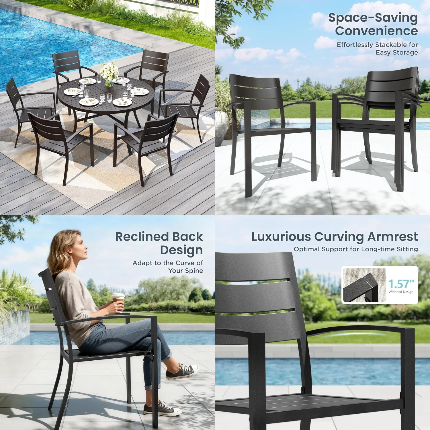 

7 Piece Outdoor Patio Dining Set 54" Round Metal Table Umbrella Hole Stackable Chairs Yard Porch Customized