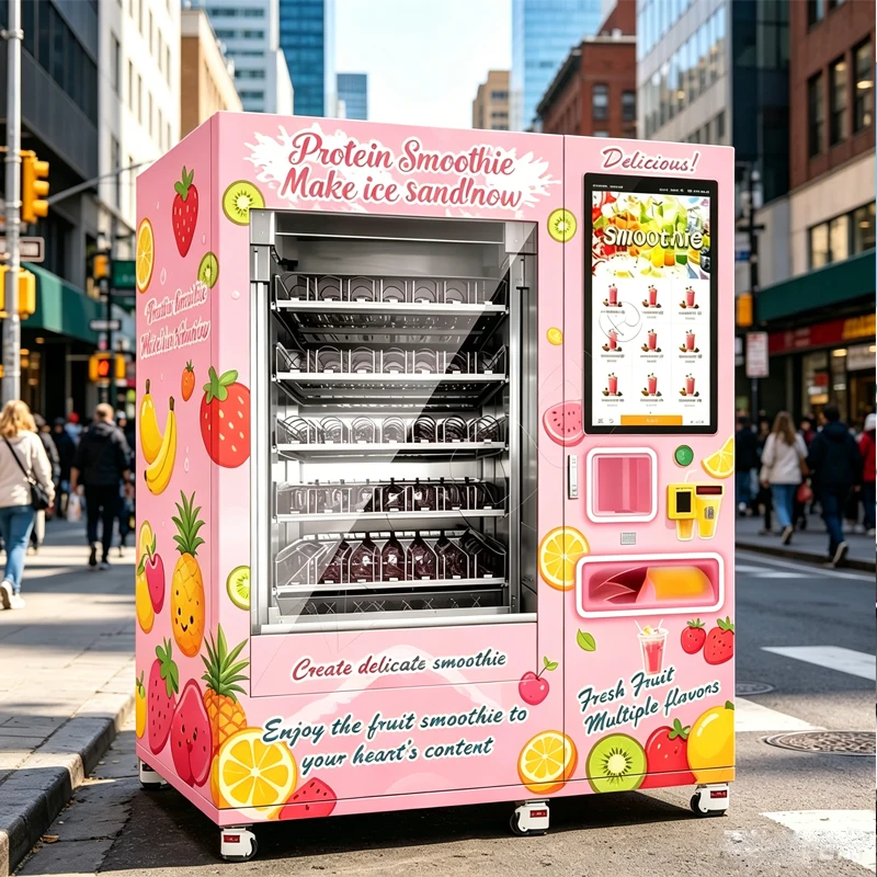 Custom Cyberpunk Style Stainless Steel Smoothie Vending Machine LED Light Fruit Protein Smoothie Vending Equipment