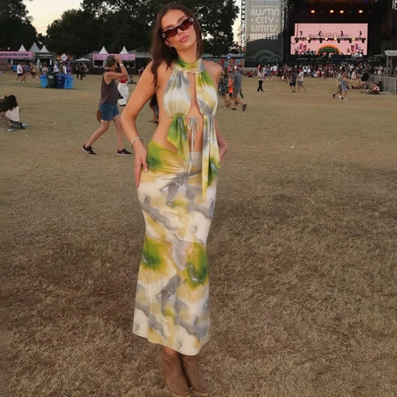 

Женский летний сетчатый комплект из 2 предметов с лямкой на шее и открытой спиной, кружевные топы на бретелях + облегающие макси-юбки с рюшами, пляжные костюмы для отпуска