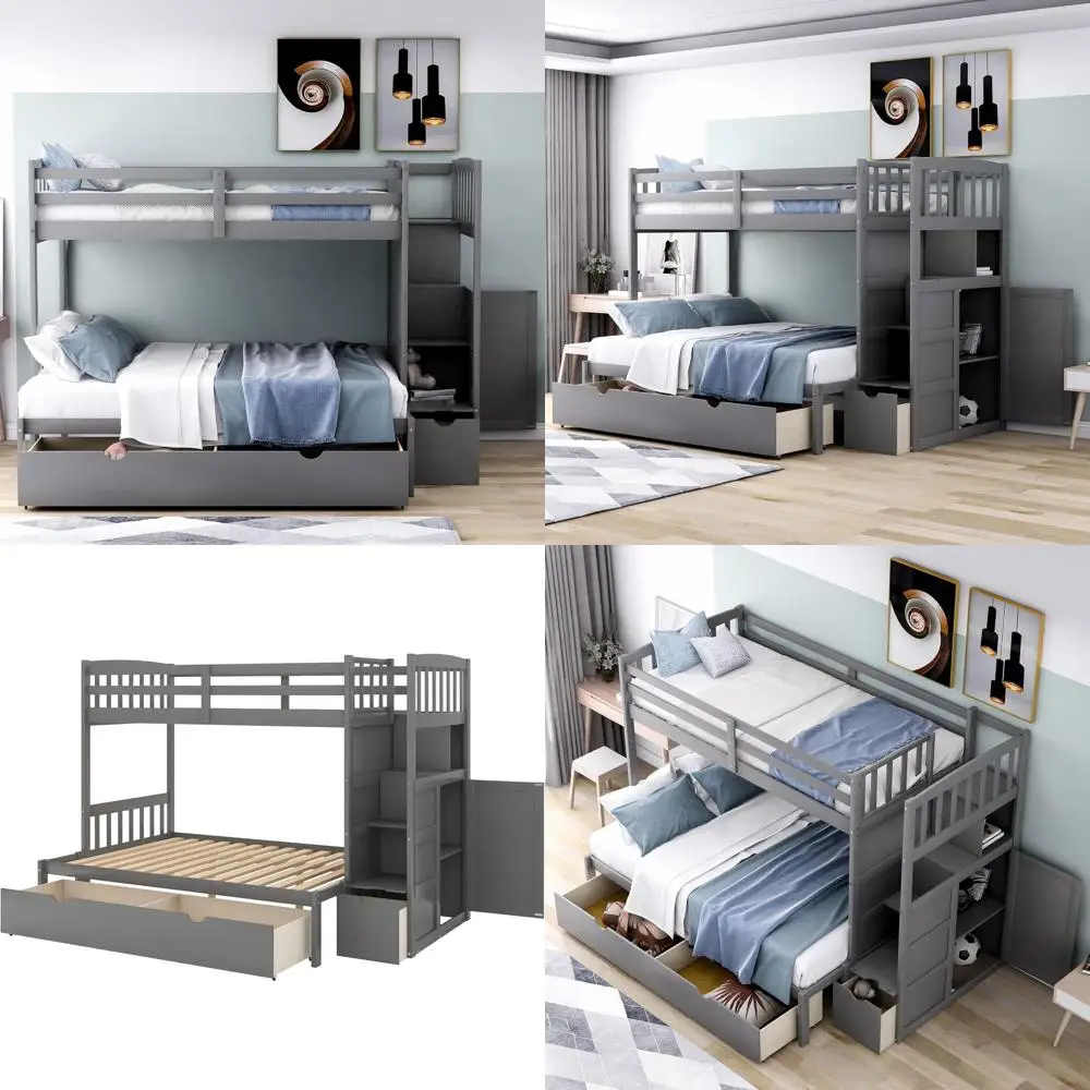 

Серая деревянная двухъярусная кровать с лестницей, местом для хранения и трансформируемой нижней кроватью для детей