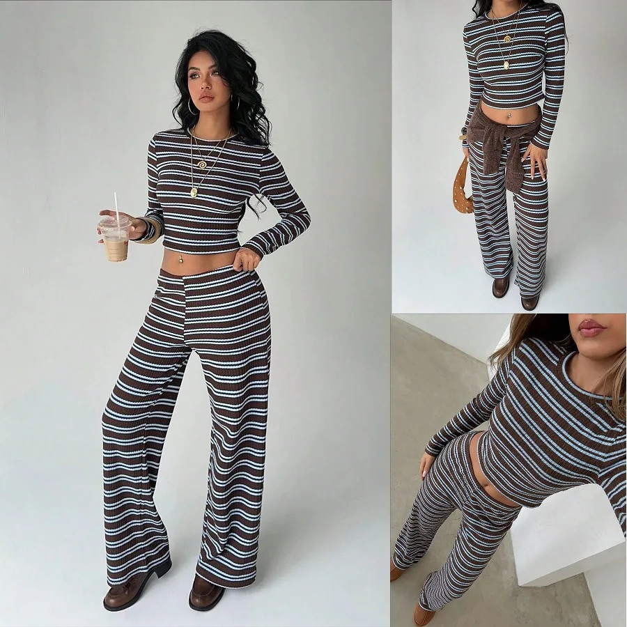 MsChuh Women's Matching Sets Striped Long Sleeve Crop Top Wide Leg Pants Ropa Mujer Chic Simple Casual Daily Two Piece Outfits