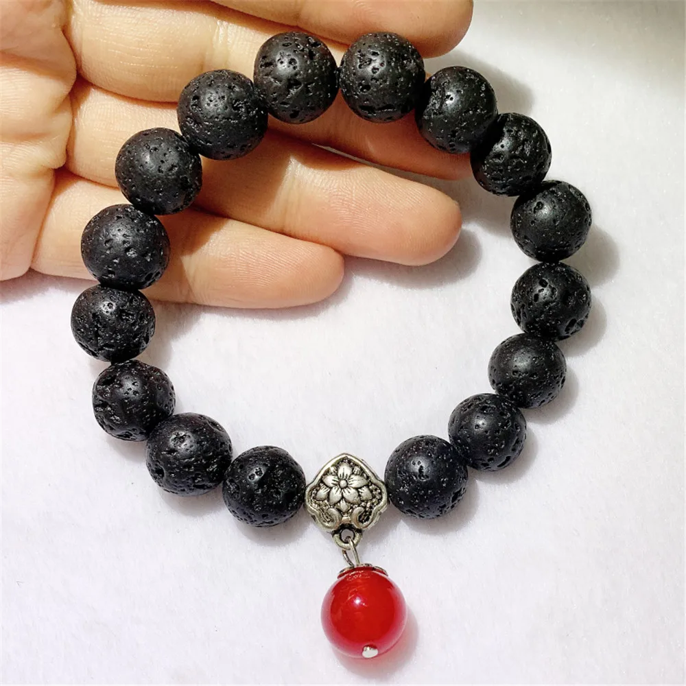 12mm Volcanic Stone Ruby Pendant Stretch Bracelet 7.5 Inches Women Adjustable Ethnic Unique Handmade Party Men