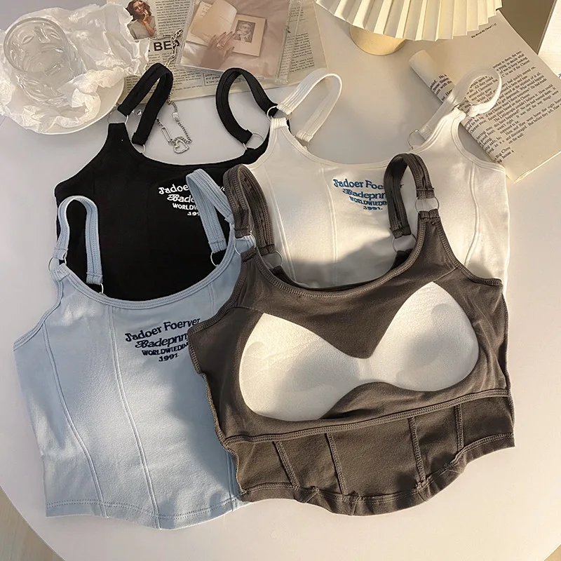 Sexy Tanktops mit Stickerei für Damen, lässige Sport-Crop-Tops im Y2K-Stil mit BH-Einlage, modische schulterfreie Tanktops, lässige Basic-Weste – Detail 4