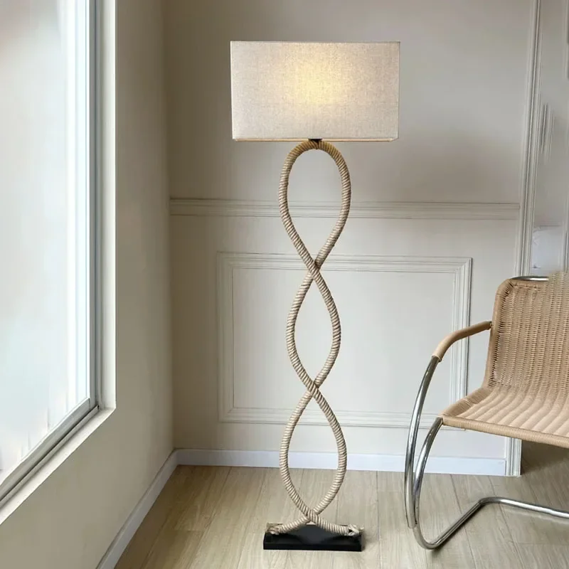 

Nordic Retro Wabi Sabi Hemp Rope Fabric Shade Led Floor Lamp Living Room Home Decor Bedroom Sofa Corner Bedside Standing Light