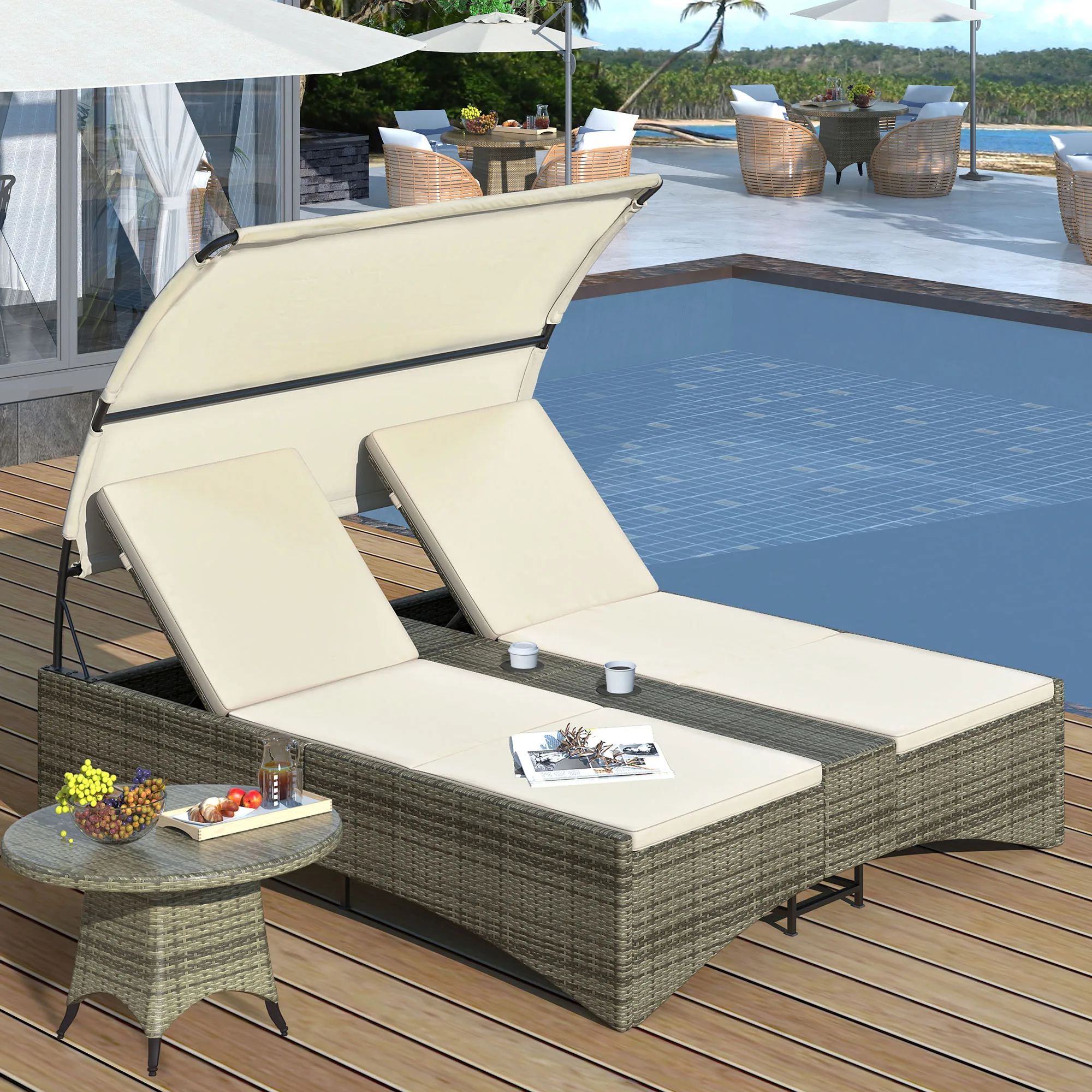 Patio Daybed Outdoor Daybed Outdoor Rattan Sun Lounger with Shelter Roof with Adjustable Backrest, Storage Box and 2 Cup Holders