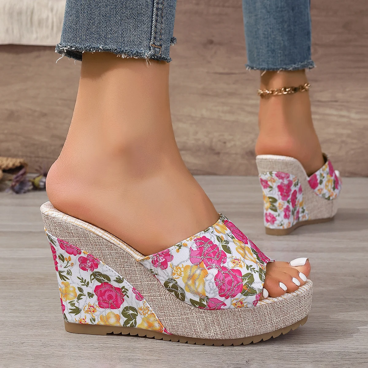 Women Sandals Large Size Platform Wedge Slippers Women Summer Denim Material Slip-On Sandals Sweet Style Rubber Sole Shoes - view 3