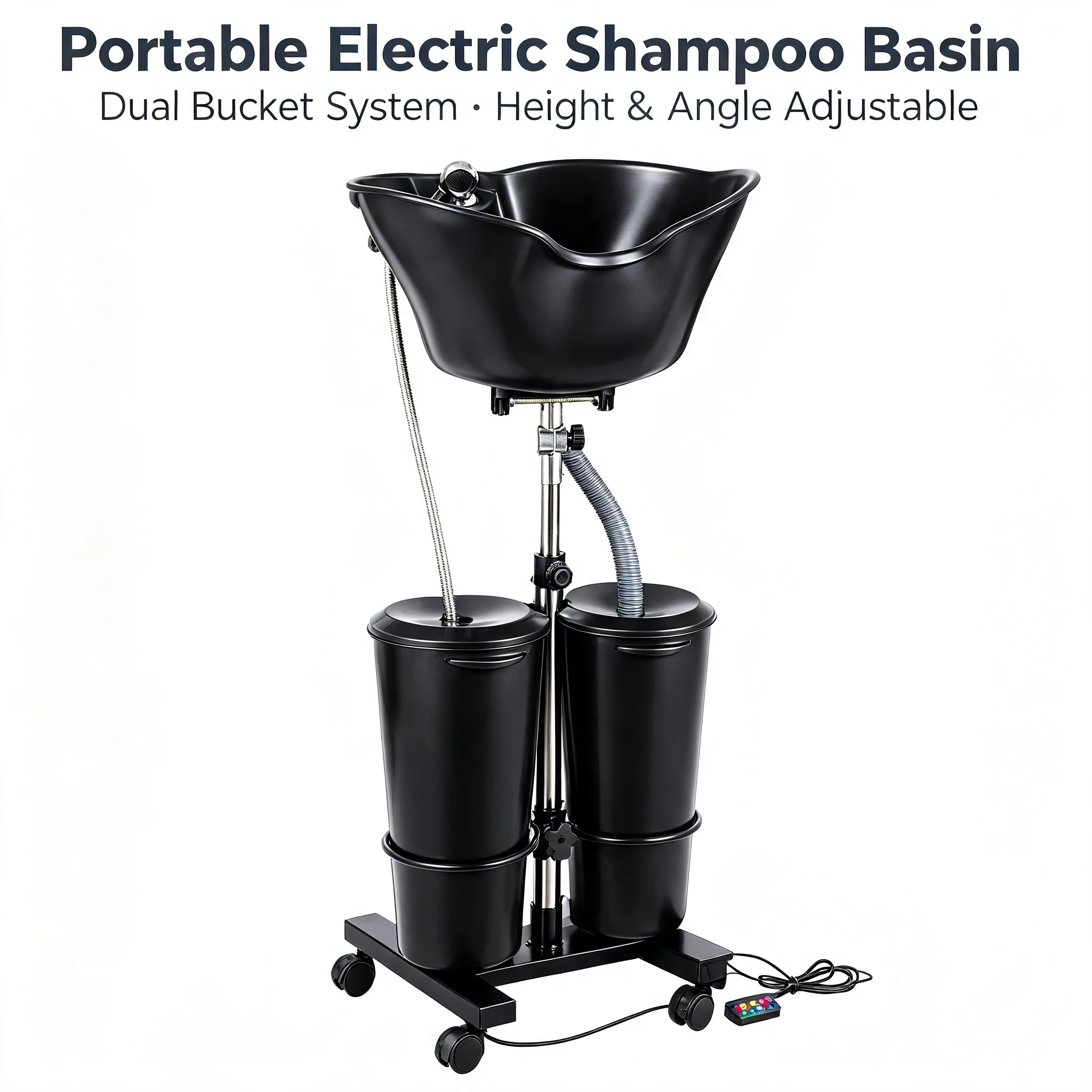 Portable Shampoo Basin with 2 Water Buckets & Electric Pump, Height & Angle Adjustable Hair Washing Station with 10L Capacity for Salon Home Elderly Care, Black