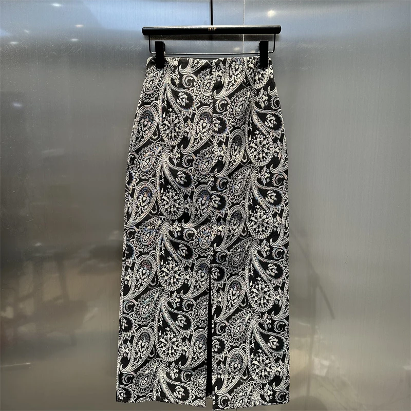 

Новая китайская винтажная юбка с принтом пейсли, женская осенняя элегантная тонкая модная юбка с высокой талией и разрезом, прямые повседневные юбки Jupe