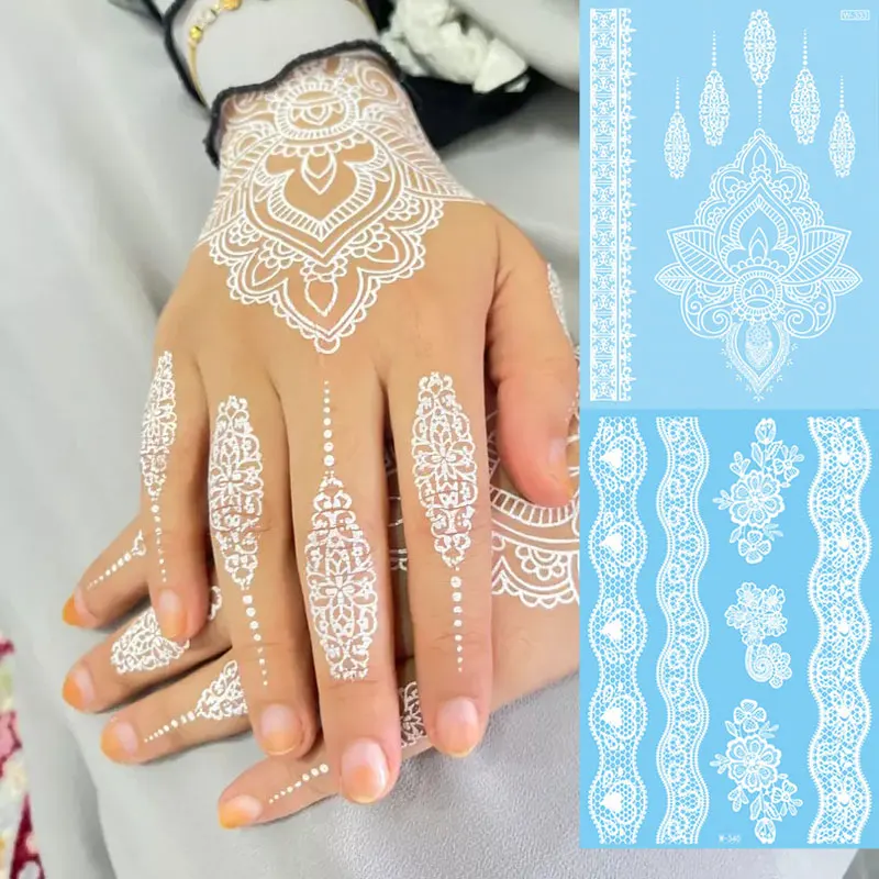 Tatuagens Temporárias de Henna para Mulheres, Impermeável, Body Art, Adesivo Mehndi para Mão, Transferência de Água Hena, Branco