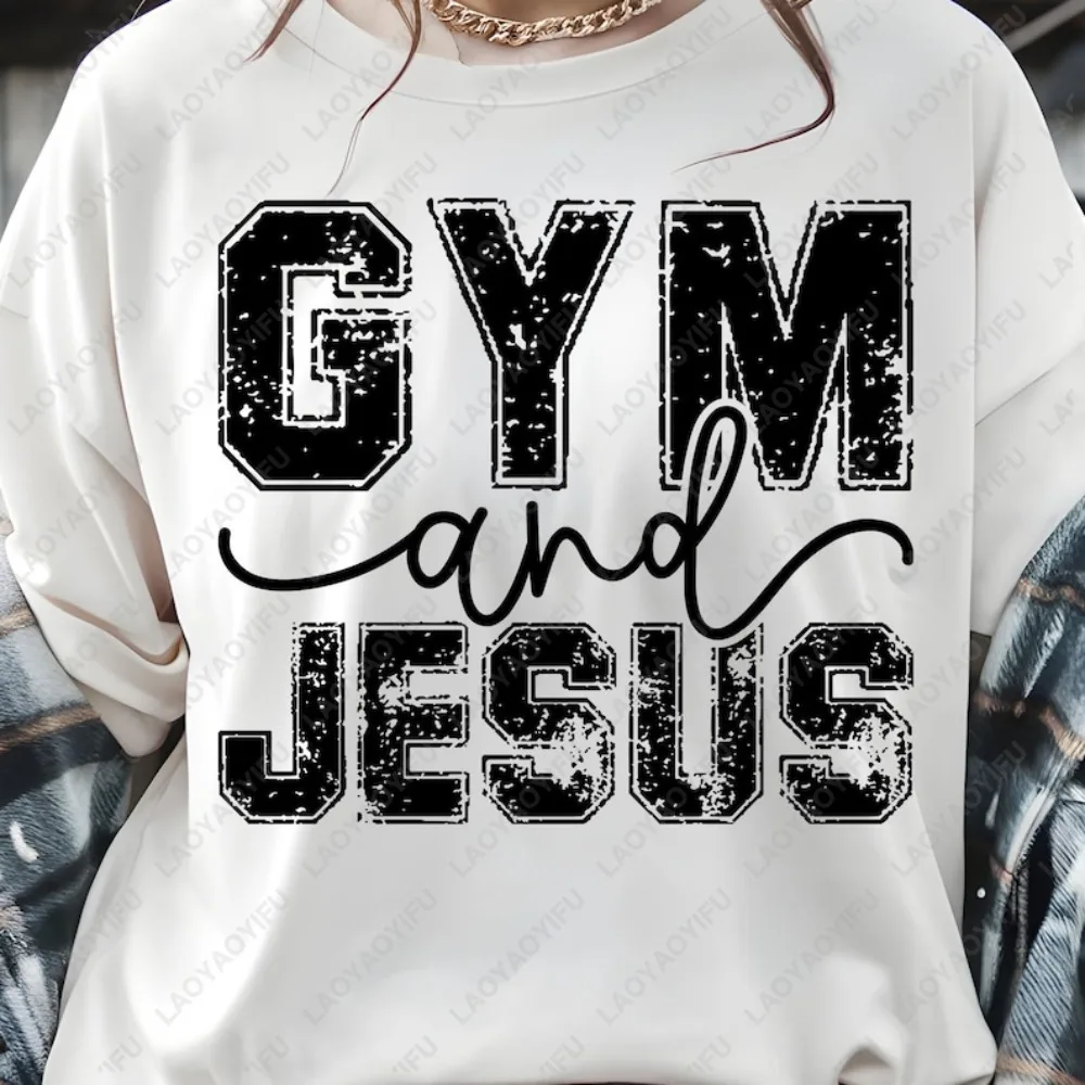 Gym and Jesus Vintage Christian Fitness GYM Weightlifting Deep Squat Bodybuilding T-shirt Casual Fashion Loose Sports Streetwear