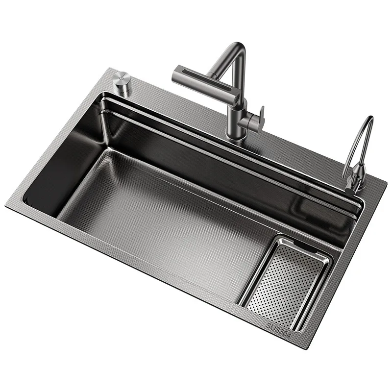 304 stainless steel kitchen sink large single slot double filter residue household dishwashing sink rice grain embossing