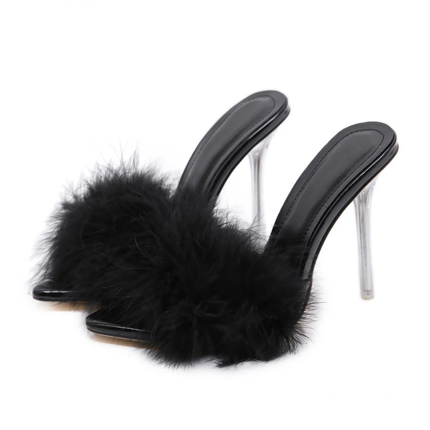 Summer Fur Slippers Fluffy Cute Plush Ladies Flip Flops Luxury Charming Home Outdoor Non-Slip Wear-Resistant High Heel Sandals