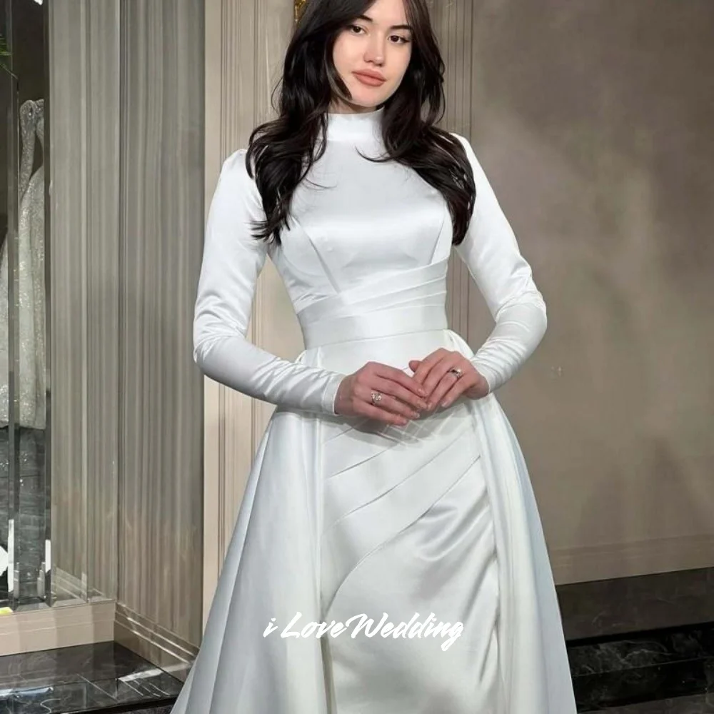 Simple High Neck Wedding Dresses 2025 Long Sleeve Mermaid Trailing Arabic Bridal Gowns Muslim Dubai Simple Pleated Customized