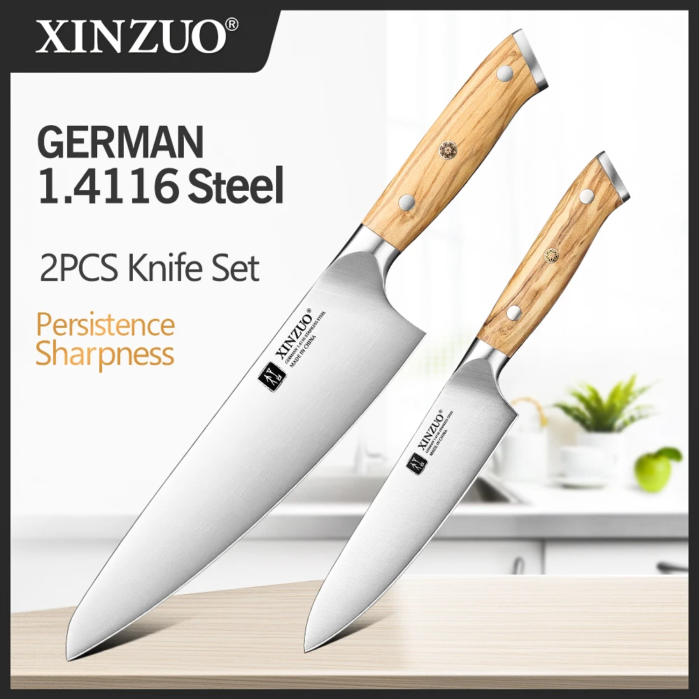 

XINZUO 2PCS Knife Set German 1.4116 Steel Stainless Steel Utility Knife+Chef Knife Olive Wood Handle Hardness 56-58HRC