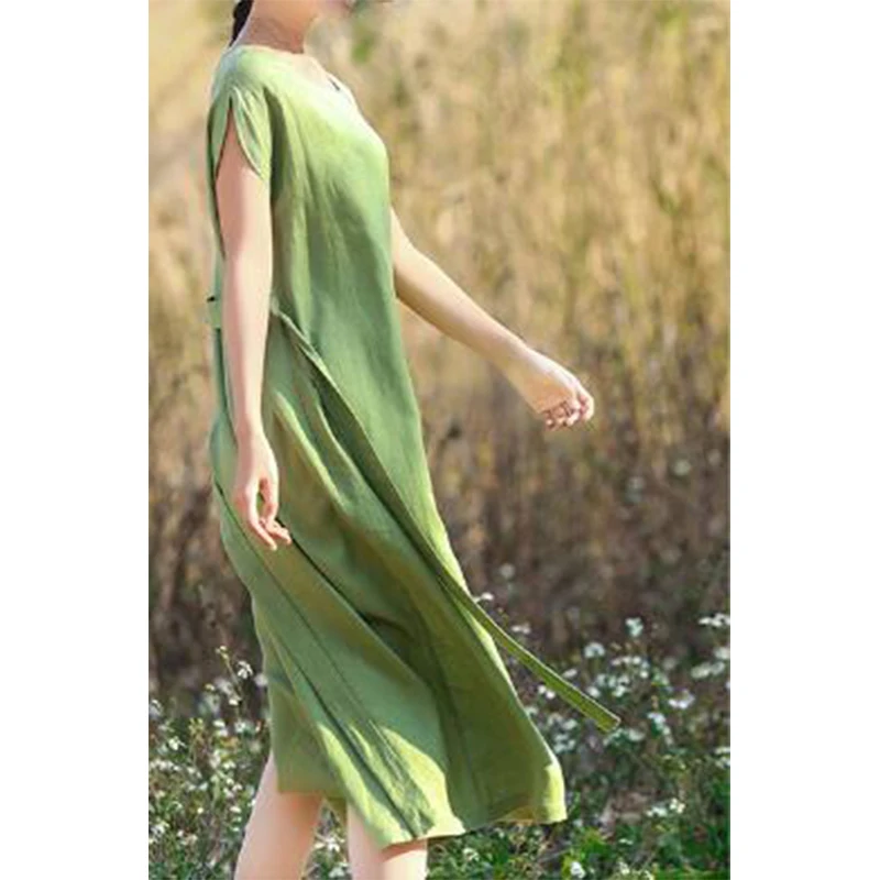 Summer New Solid Cotton Linen Loose Casual Long Dress Short Sleeve Elegant Fashion Vestidos De Fiesta Aesthetic Chic Robe Femme