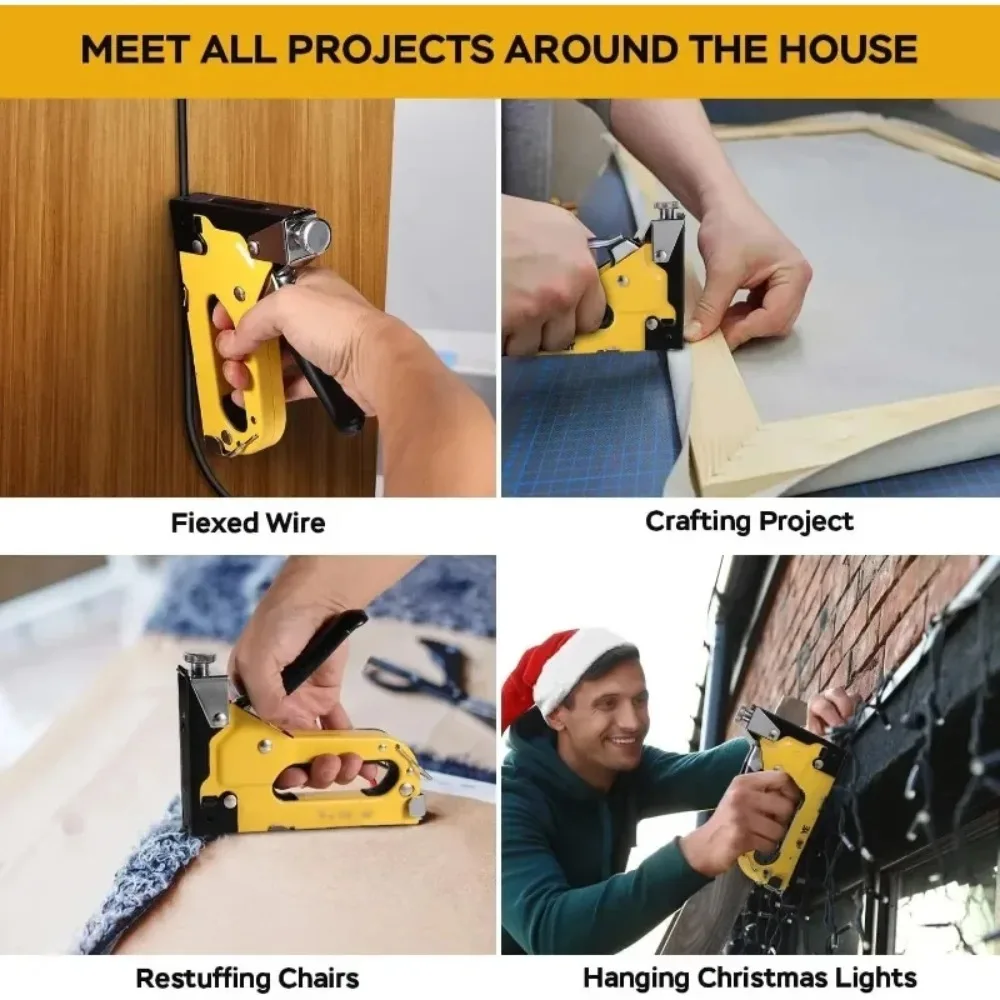 Pistola de grampeamento para estofamento, resistente, 4 em 1, com 800 grampos, ajuste manual de energia, grampeador para artesanato em madeira, carpintaria