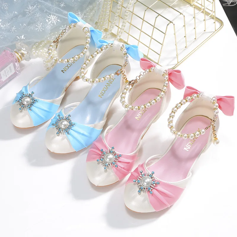 Kids Leather Shoes for Girls Knot Banquet Party Children High Heel Shoe for Kids Girls Sandals Student Crystal Princess Shoes