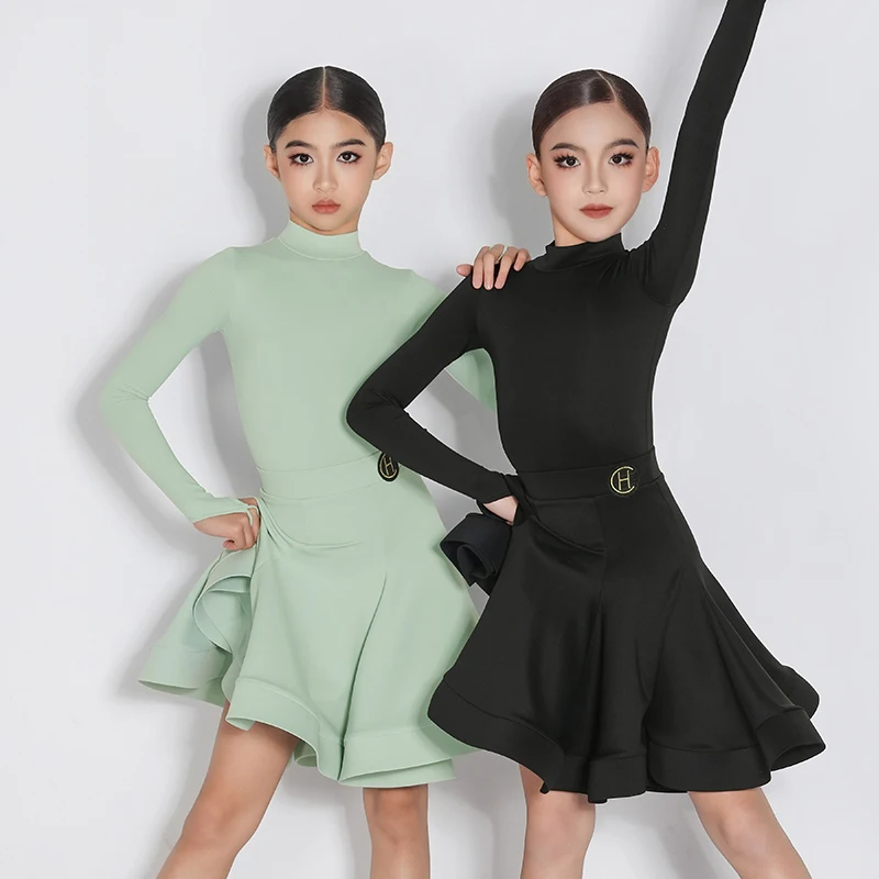 Children Long Sleeved Split Skirts Suit Latin Dance Practice Clothes For Girls Chacha Ballroom Dance Competition Dress DQS18342