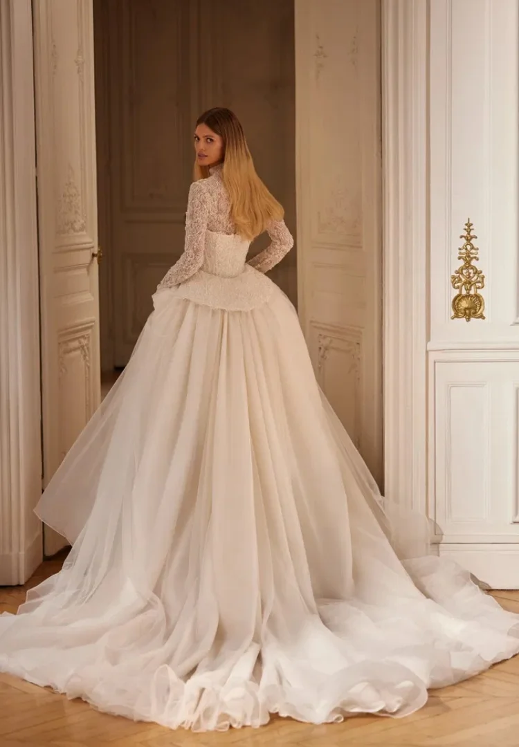 Abiti da sposa in pizzo Abito da ballo per la sposa Abiti 2 in 1 Desmontabile Boda Manica lunga Lusso 2025 De Novia Princesa Alta Costura
