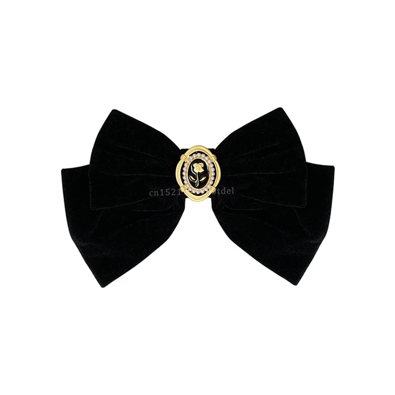 Black Velvet Bow Hair Pins Elegant Fabric Alloy Roses Hair Clips for Women Fashion Ponytail Barrette Heawear Accessories