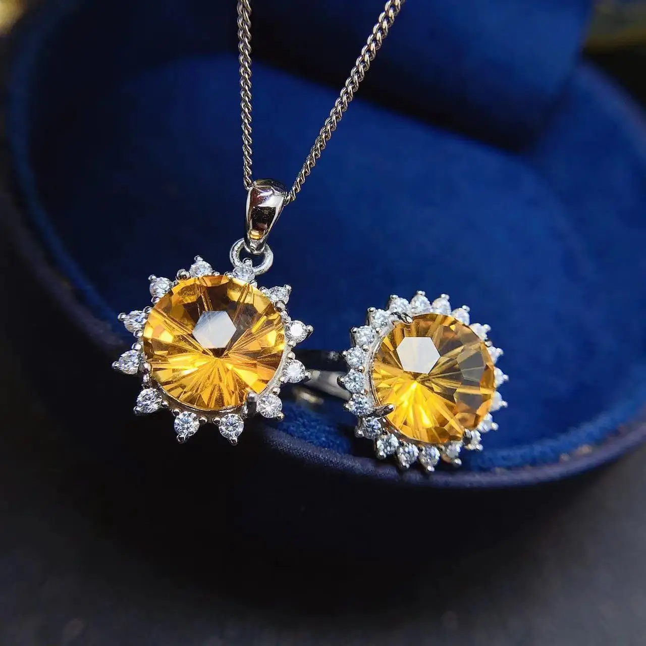 

Citrine Ring and Pendant Set for Wedding 10mm*10mm Natural Citrine Jewelry Set 925 Silver Citrine Jewelry Gift