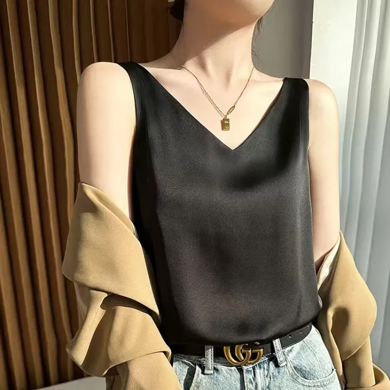 S-3XL Women Satin Silk Lace Summer Tank Tops Camis Vest Blouse Casual lady V-Neck Sleeveless Straps Vest Shirt