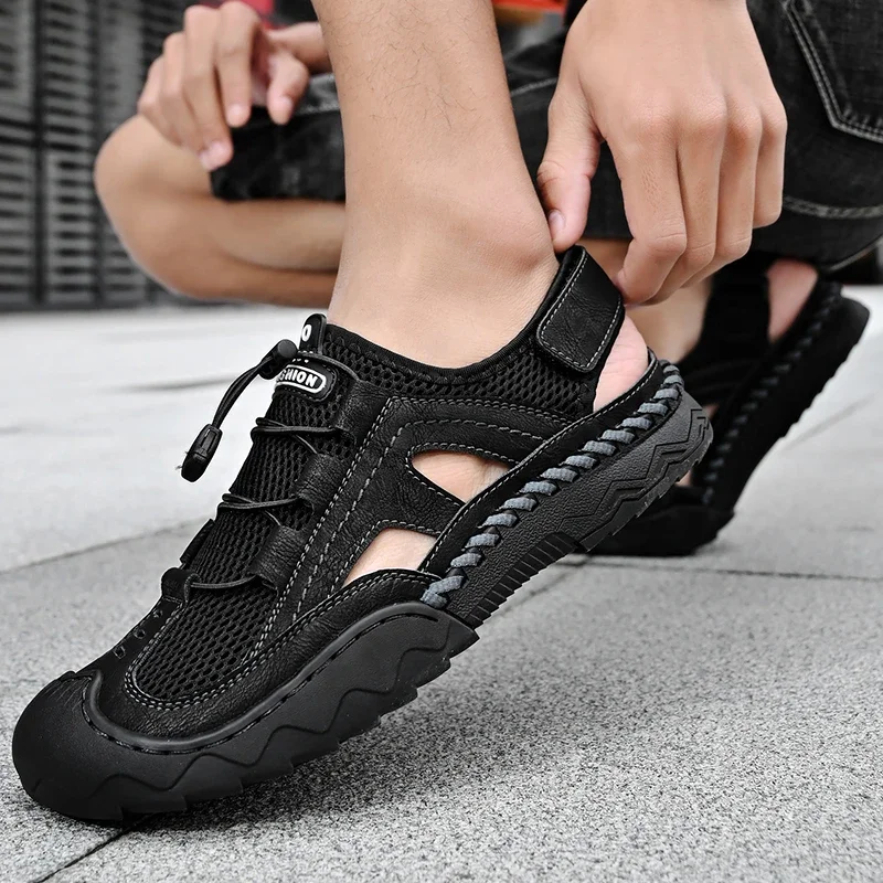 Summer Handmade Cowhide Leather Men Sandals Hiking Breathable Outdoor Casual Lightweight Beach Sandals Fashion Large Size 38-46