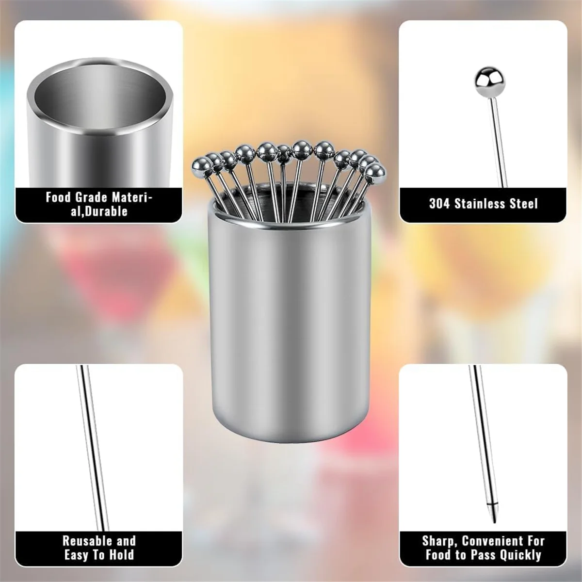 20PCS Metal Cocktail Picks with Holder Kit, Stainless Steel Cocktail Picks, Reusable Cocktail Skewers, Appetizer Skewers