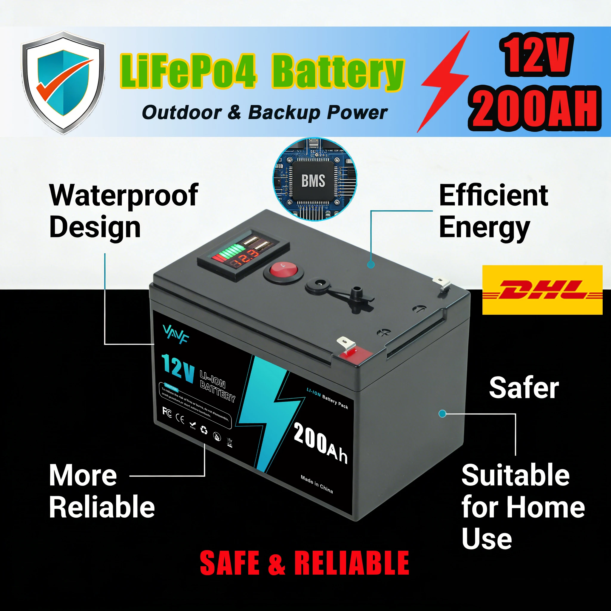 

LiFePO4 Аккумулятор Солнечная батарея 12 В 200 Ач литиевая с интеллектуальным BMS для хранения солнечной энергии, транспортных средств для отдыха и морского использования