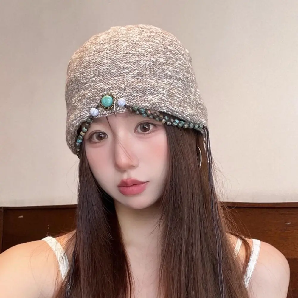 

Ethnic Style Bohemian Beanies Hat Keep Warm Coldproof Knitted Pullover Hat Ear Protection Solid Color Jacquard Woolen Hat Autumn