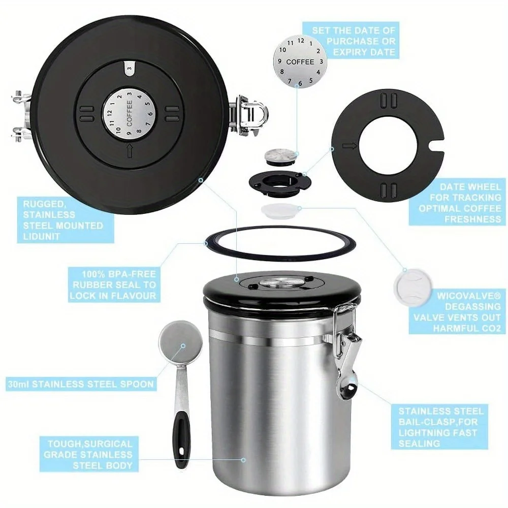 Kaleng Kopi, Besar 22 oz. Kedap Udara Baja Tahan Karat, Perak
