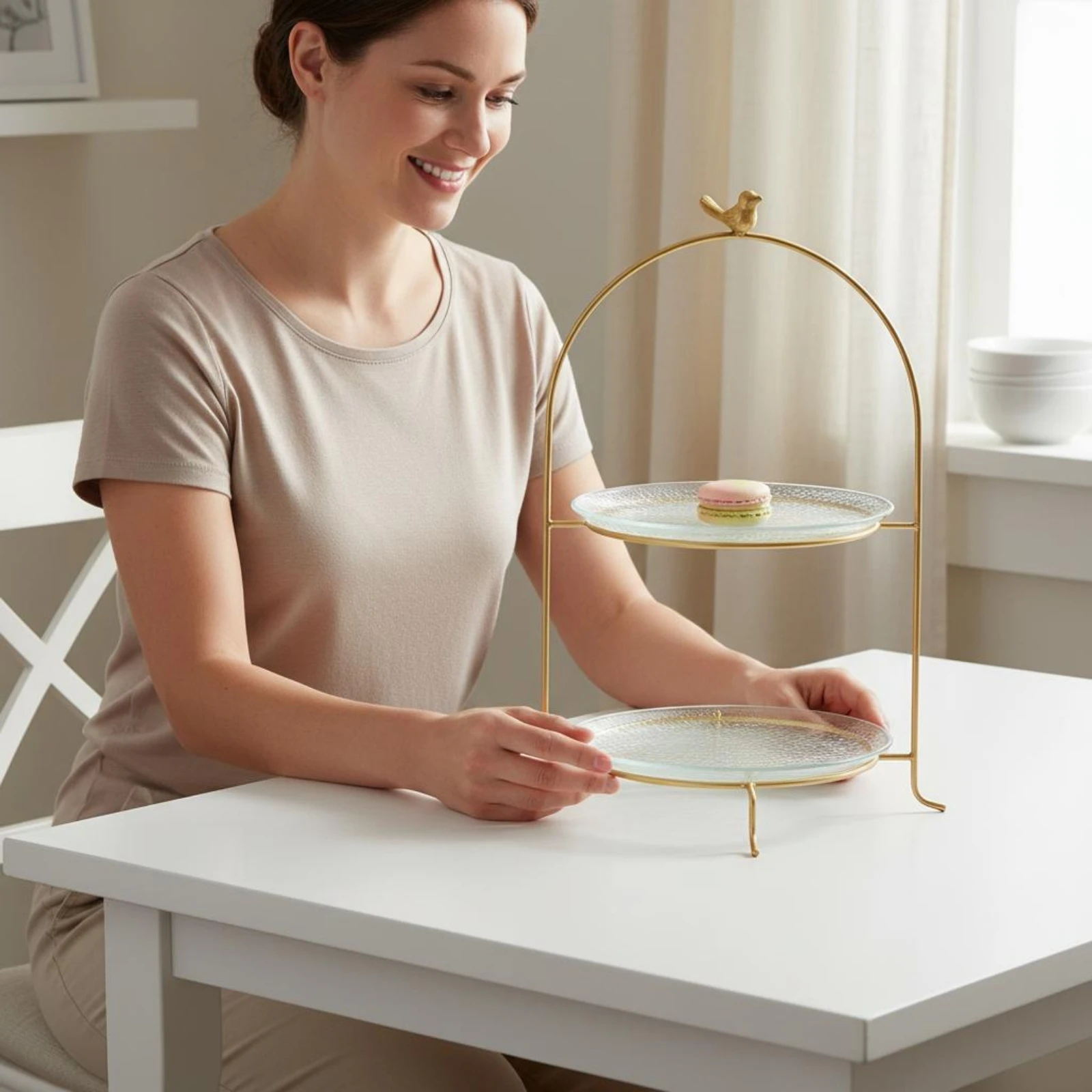 Gold Bird Cake Stand Elegant 2-Tier Dessert Stand Home Decor Decorative Display Metal Frame for Vanity