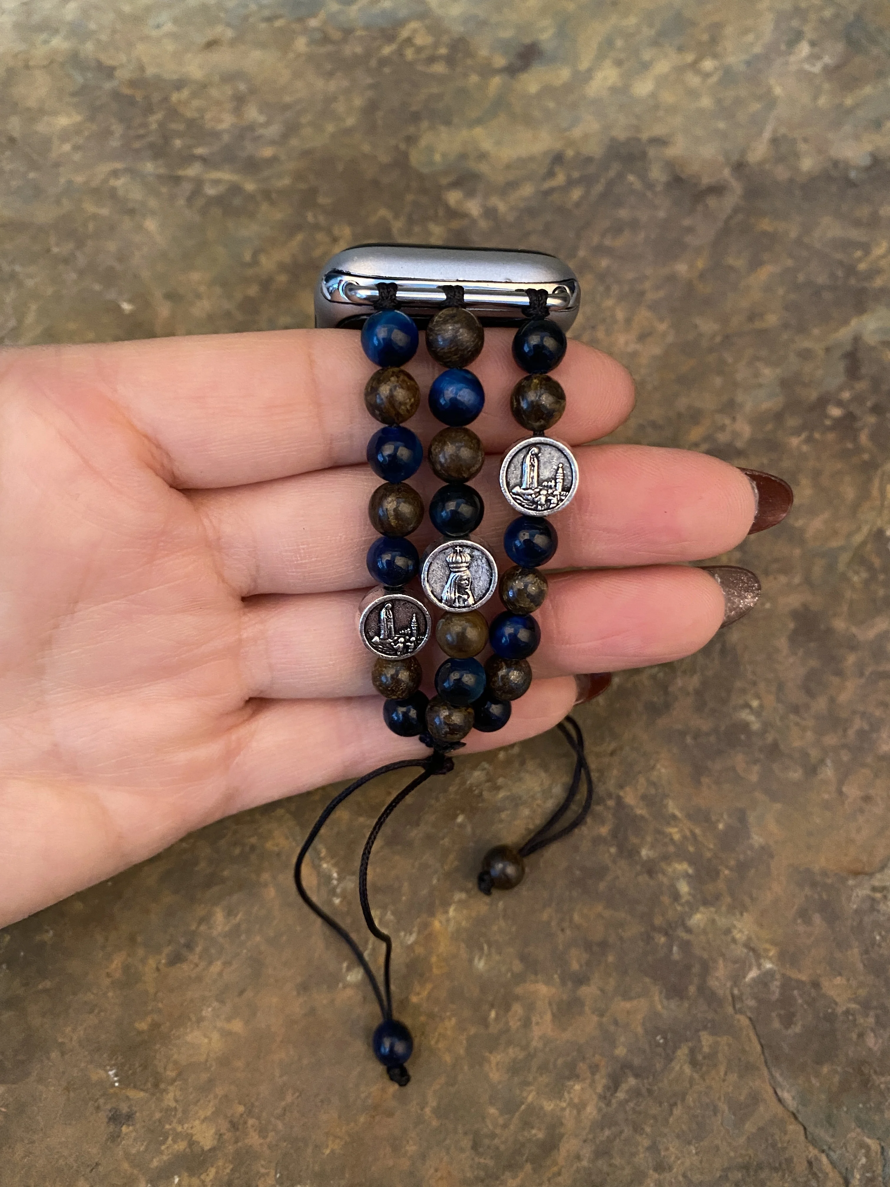 Natural Stone Blue Tiger Eye Onyx and Our Lady of Fatima Beaded Apple Watch Armband 38-45mm Apple Watch Strap Women Iwatch Band