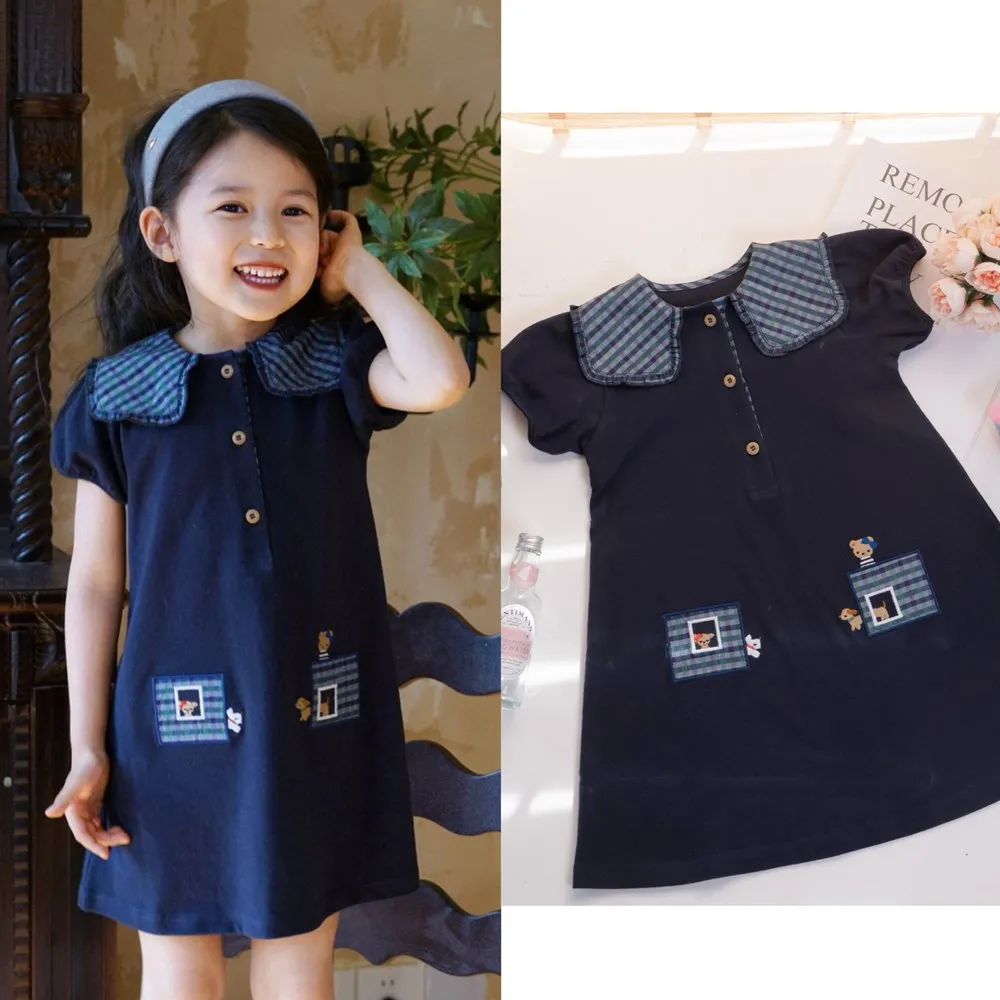 

kids girls clothes summer dress Cartoon embroidered pocket Blue checkered large lapel Sweet girl's short sleeved dress