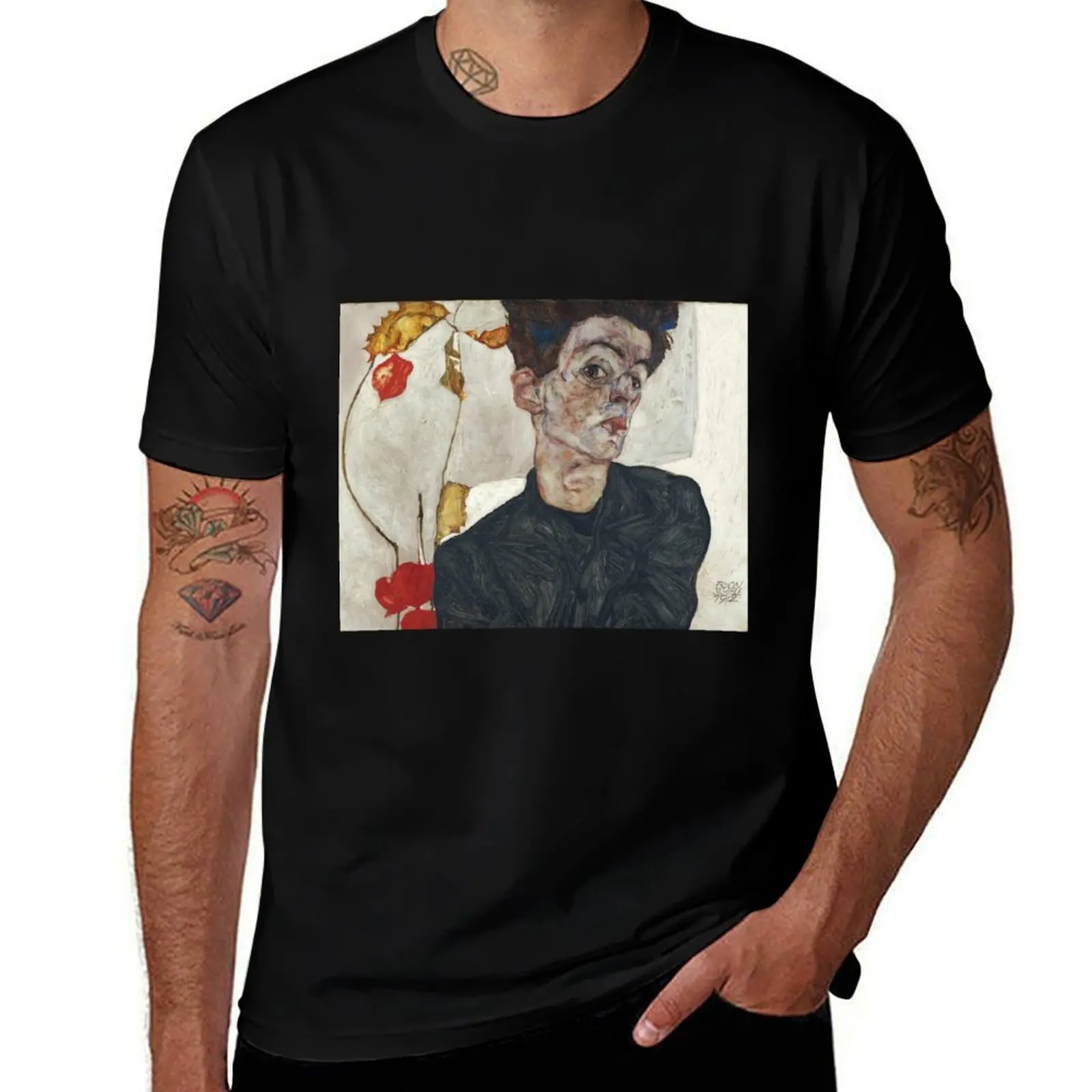 Egon Schiele Self-Portrait with Physalis, 1912 T-Shirt Large Size Casual Tee Shirt T-Shirt