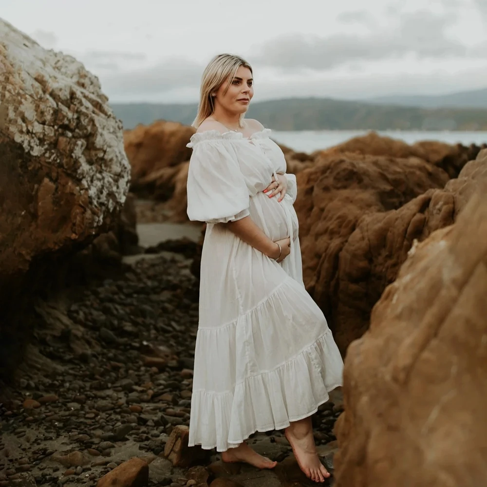 white-maternity-photography-dress-off-shoulder-puff-sleeve-tiered-ruffle-flowy-long-skirt-pregnant-gown-photo-prop