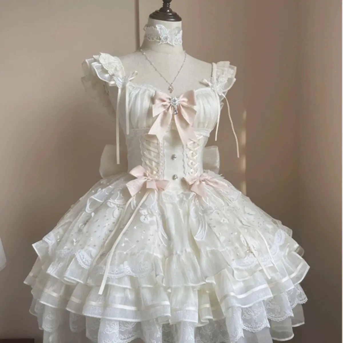 

Summer Sweet Lolita Y2k Mini Dresses Women Lace Patchwork Short Sleeve Elegant Bandage French Vintage Short Party Dress Female