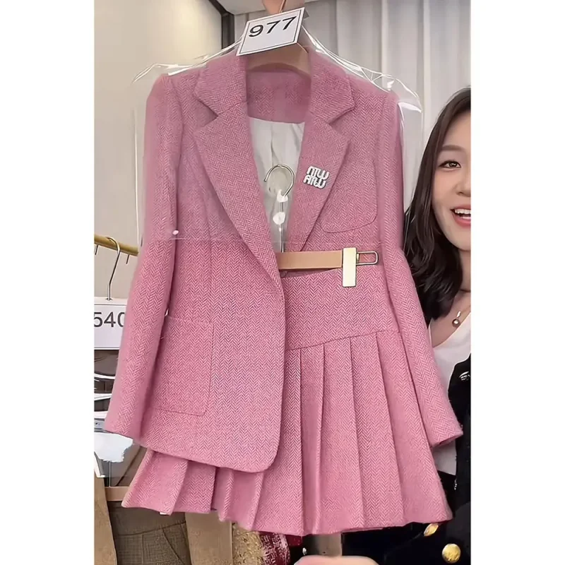 الخريف نمط جديد عطر صغير الرجعية مزاجه الموضة قطعتين مجموعة تقسم الراقية دعوى أعلى + تنورة مطوي مجموعة