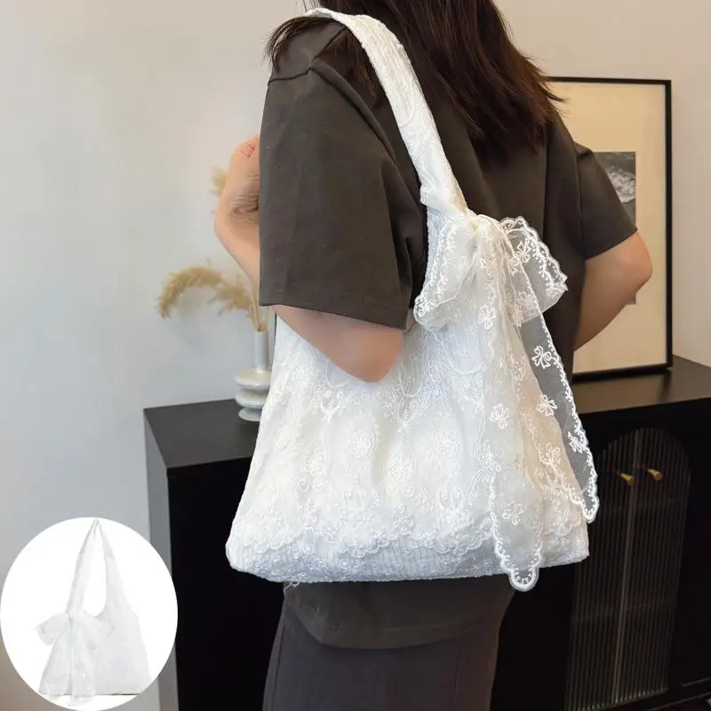 الكورية الطازجة الدانتيل زهرة قماش حقيبة الكتف أزياء حلوة سعة كبيرة التسوق التنقل حمل للنساء #4