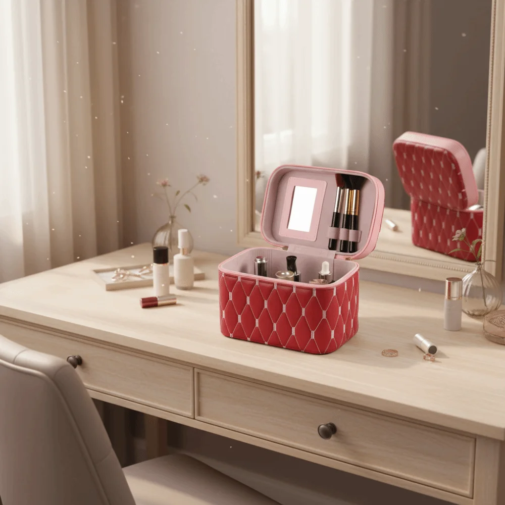 Portable PU Leather Cosmetic Bag Large Capacity Anti-crush Makeup Bag with Mirror Waterproof Cosmetic Storage Box Women