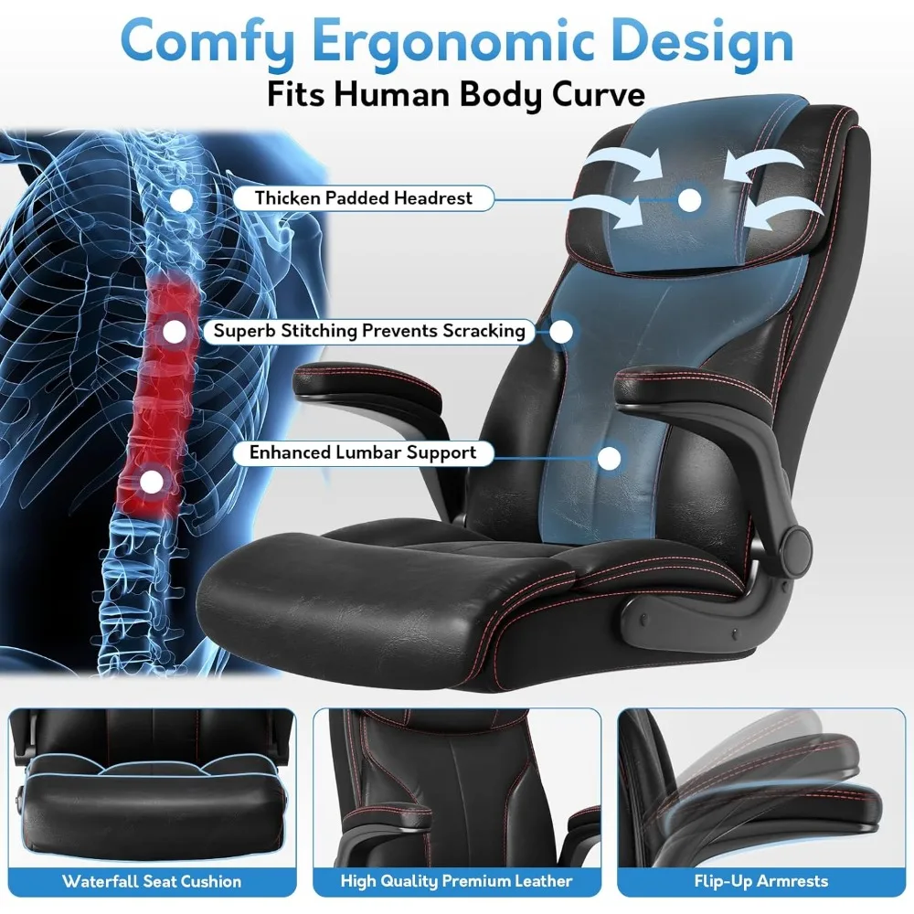 كرسي مكتب كبير وطويل 400 رطل، كرسي مكتب تنفيذي عالي الظهر بأذرع قابلة للطي، مكتب كمبيوتر مكتبي منزلي من الجلد قابل للتنفس ch
